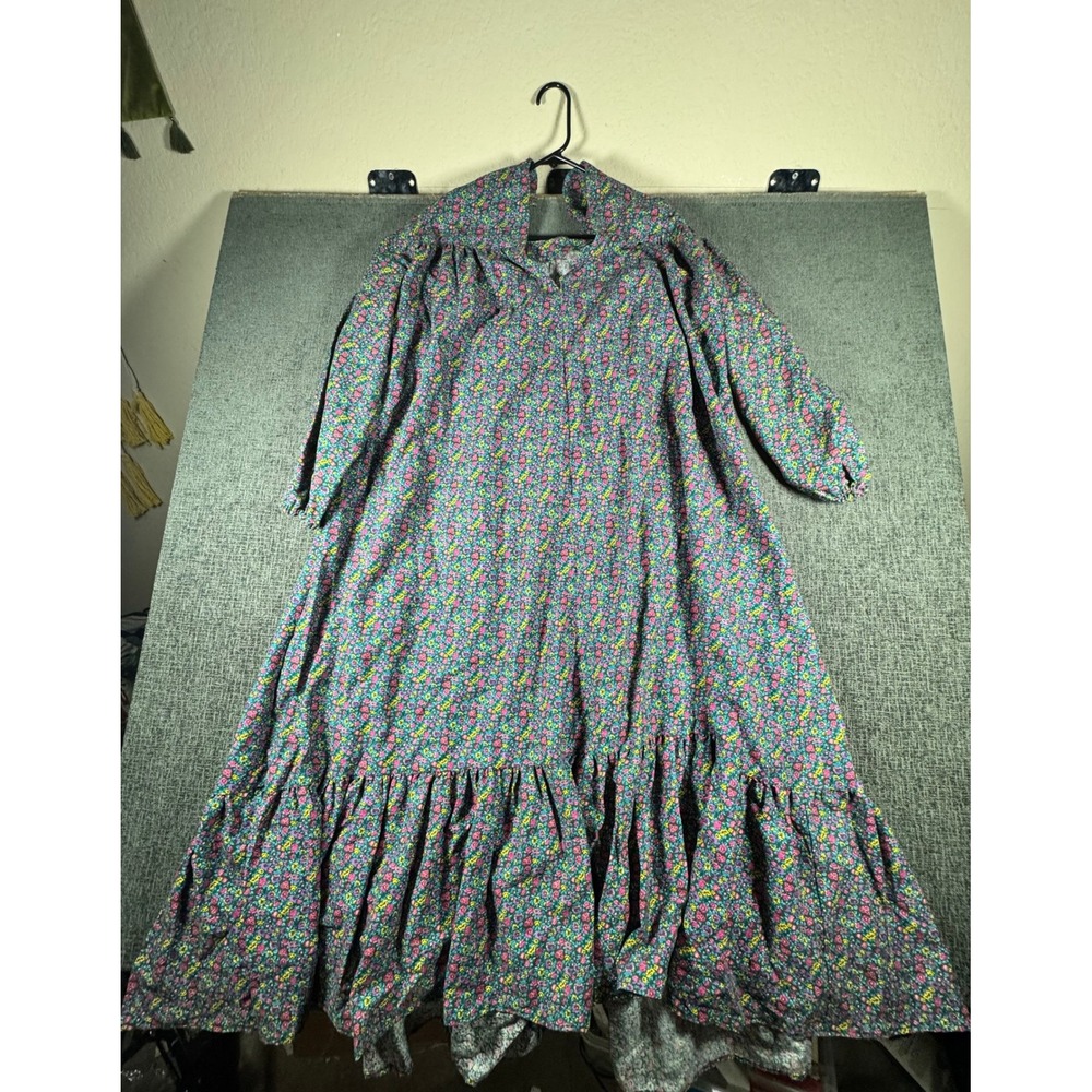 Handmade Amish Floral Calico Maxi Dress Prairie Ruffle Tiered Teal Pink 50in L